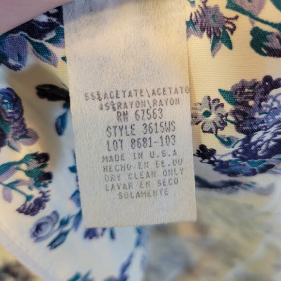 Vintage 80s Blue White Floral Midi Dress, Shoulder Pads Lace Pockets, 14W - Picture 5 of 7